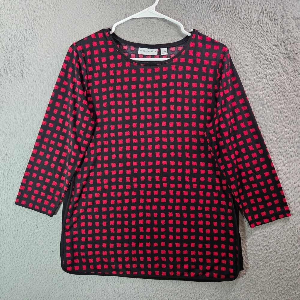 Susan Graver Top Blouse Women Small Geometric Print Stretch‎ Black Red